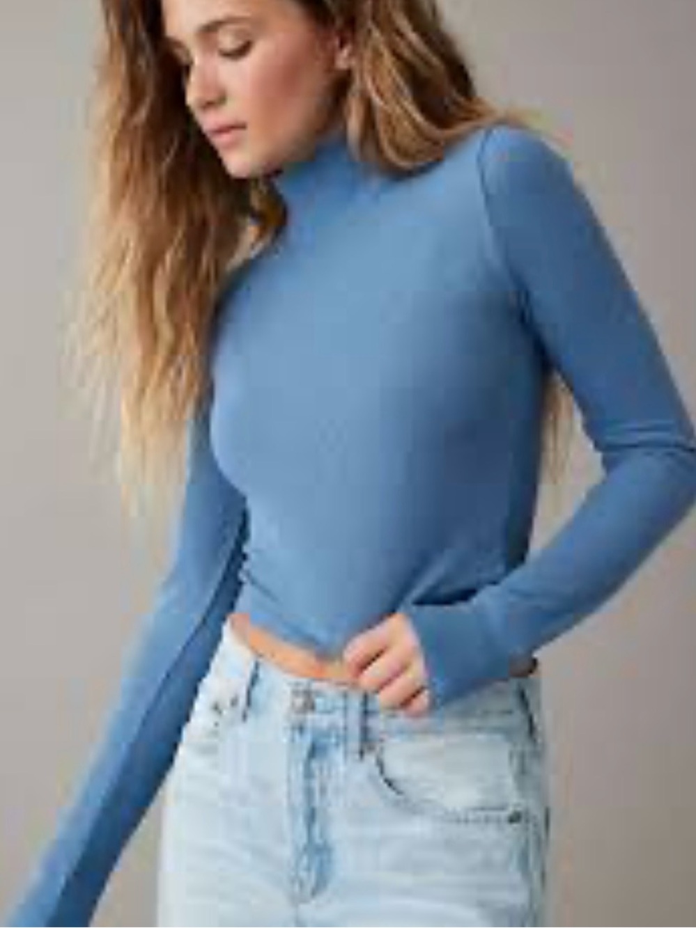 American Eagle Women's Small Slate Blue Ribbed Mock Neck Long Sleeve Cropped Top